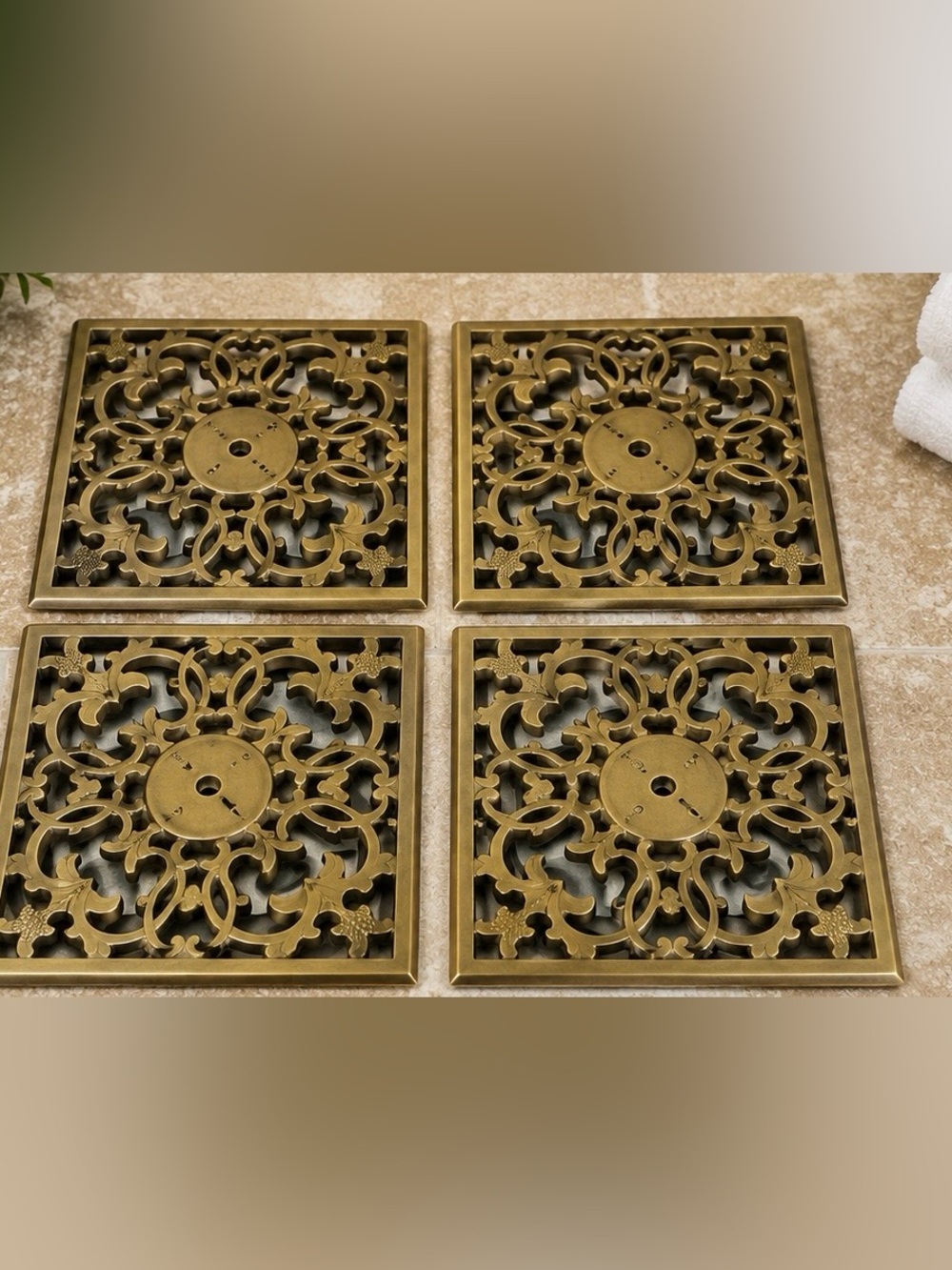 Set of 4 Ornate Brass Drain Covers - Antique Brass